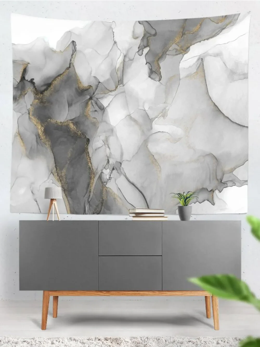 LARGE Marble Pattern Fabric Wall Hanging Tapestry Gray & Gold 70.8 X 90.5 inches